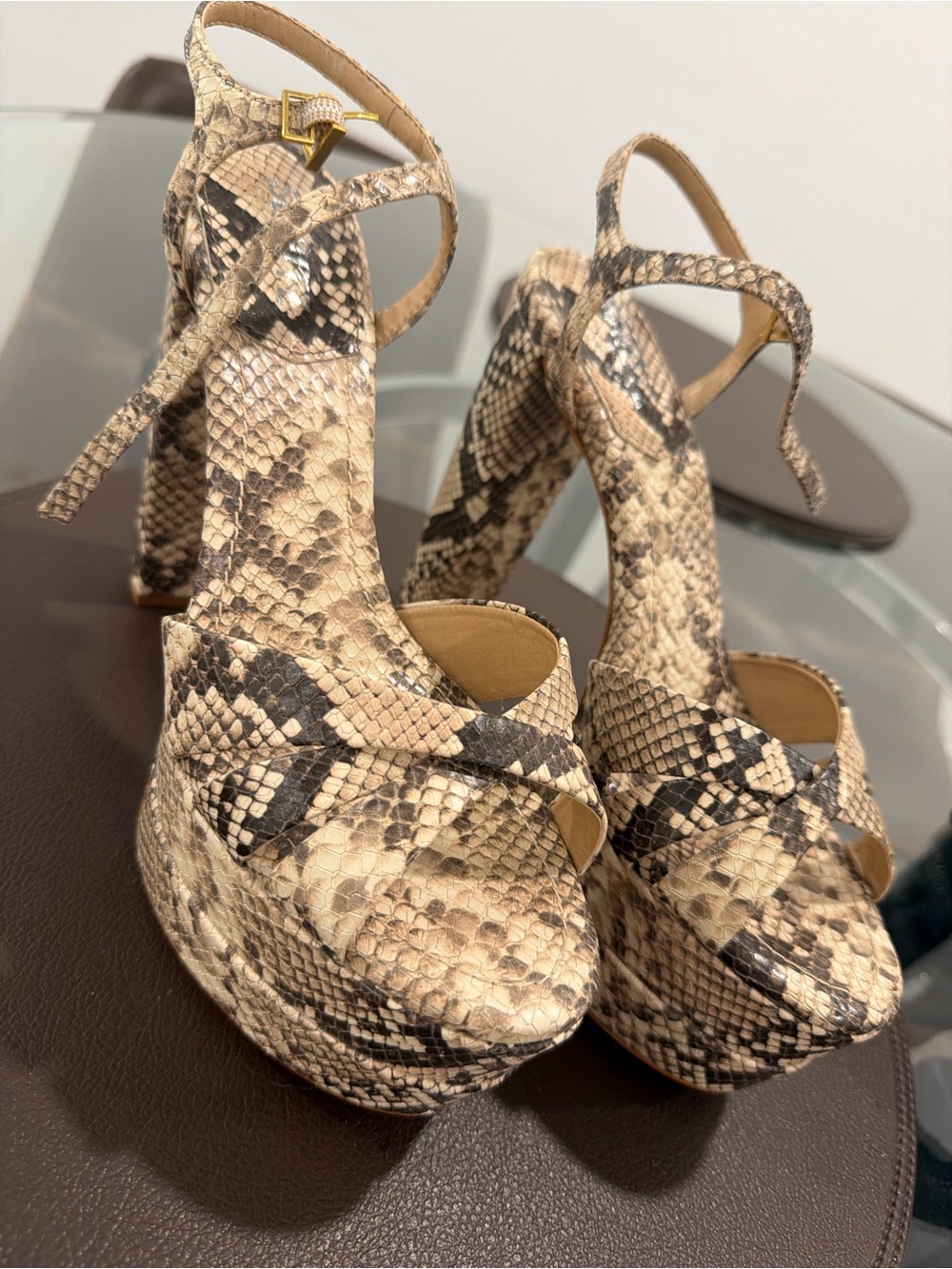 SCHUTZ Beige and Black Snakeskin Platform Sandals